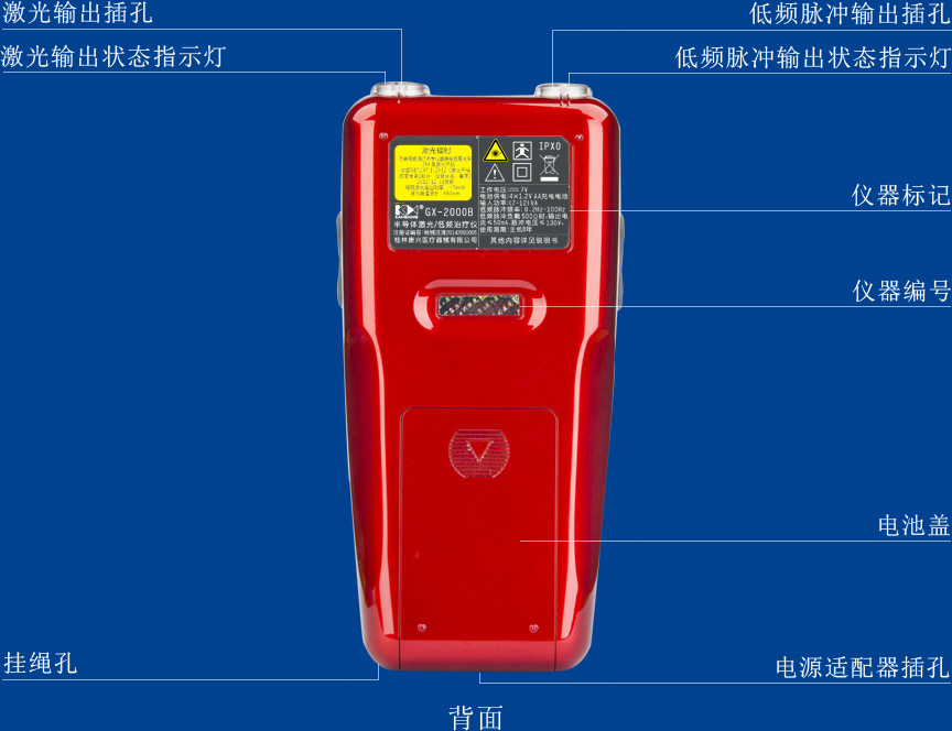 康兴三高半导体激光/低频治疗仪GX-2000B背面信息介绍-康兴官网