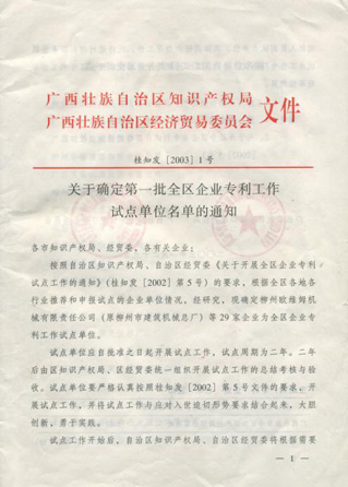 康兴被广西区经贸委、广西区知识产权局确定为"广西专利工作试点企业" 康兴被广西区经贸委、广西区知识产权局确定为"广西专利工作试点企业"